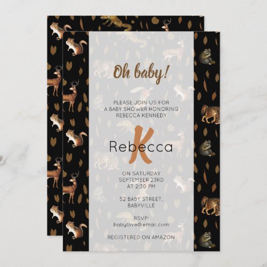 秋森林動物の紅葉赤ちゃんシャワー 招待状 (正面/裏面)