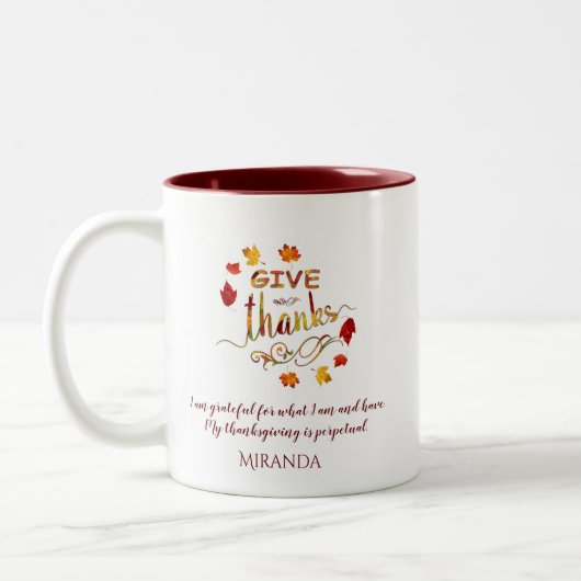 秋水の色の葉与え感謝していモノグラム ツートーンマグカップ (左)