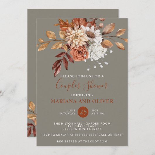 秋水彩フローラグレーカップルシャワー 招待状 (正面/裏面)