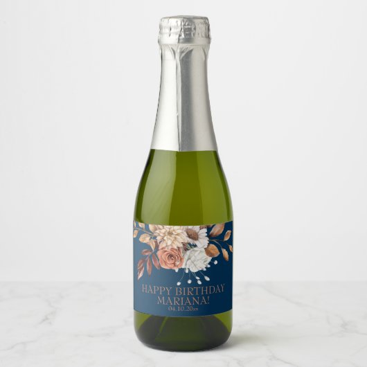 秋水彩フローラネイビーブルーバースデーパーティー スパークリングワインラベル (正面)