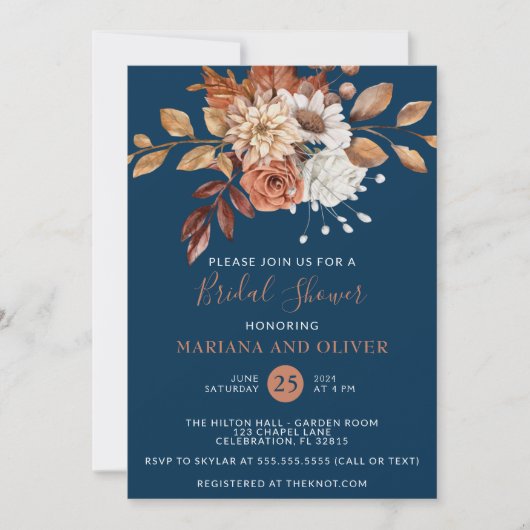 秋水彩フローラネイビーブルーブライダルシャワー 招待状 (正面)