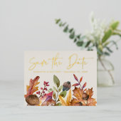 秋水彩植物結婚式保存日 箔招待状ポストカード (立ち正面)