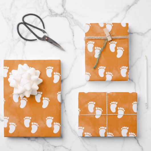 秋水彩赤ちゃんシャワー足跡パターン ラッピングペーパーシート (正面)