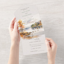 秋湖と森すべて1つの結婚式の招待 オールインワン招待状