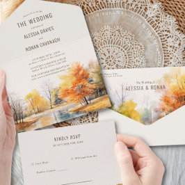 秋湖の水の色の国の結婚式すべて1で オールインワン招待状