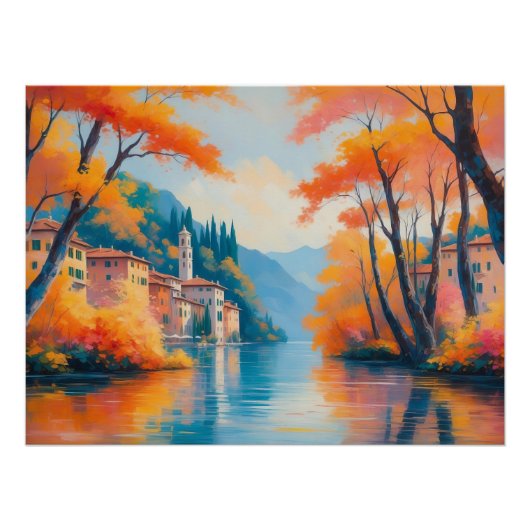 秋湖反射 – 穏やかな自然風景 ポスター (正面)