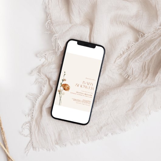 秋焼けオレンジ色の野生の花の赤ちゃんシャワー 招待状