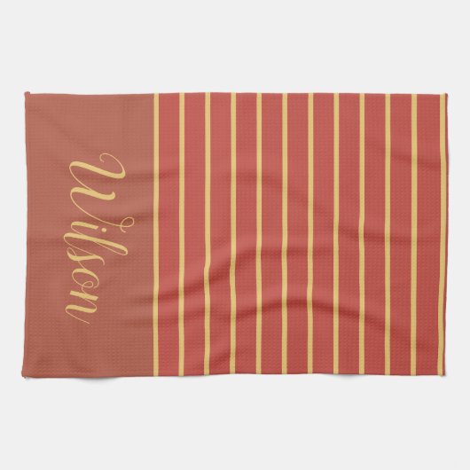 秋燃えたオレンジと金ゴールドの姓ストライプの キッチンタオル (横)