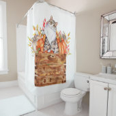 秋猫とカボチャを入れた箱 シャワーカーテン (インサイチュ)