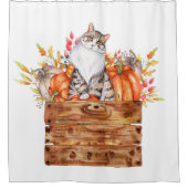 秋猫とカボチャを入れた箱 シャワーカーテン (正面)