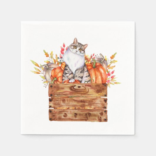 秋猫とカボチャを入れた箱 スタンダードカクテルナプキン (正面)