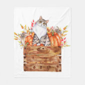 秋猫とカボチャを入れた箱 フリースブランケット (正面)