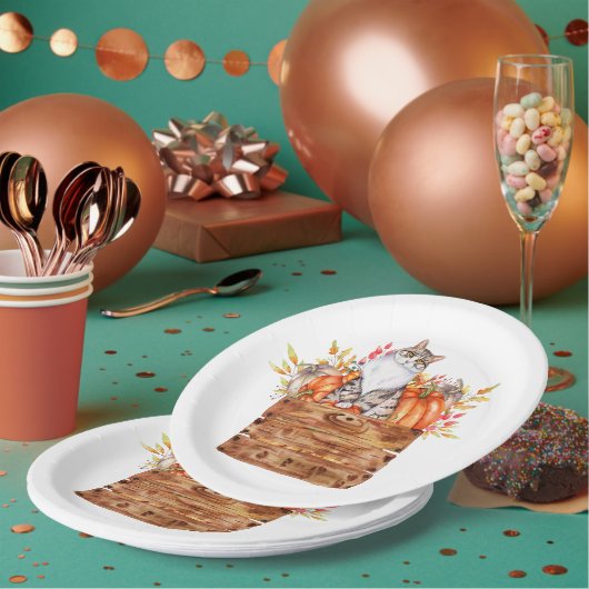 秋猫とカボチャを入れた箱 ペーパープレート (複数)