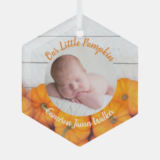 秋生まれたばかりの写真ベビーかわいい小さなカボチャ ガラスオーナメント (正面)