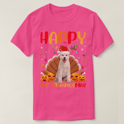 秋田おもしろい犬好きハッピーアイタキタHelloThanksMas Tシャツ (デザイン正面)