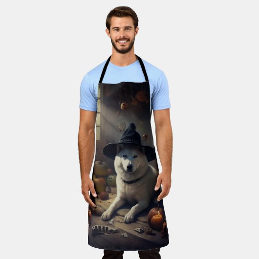 秋田かぼちゃハロウィーン怖 エプロン (着用した状態)