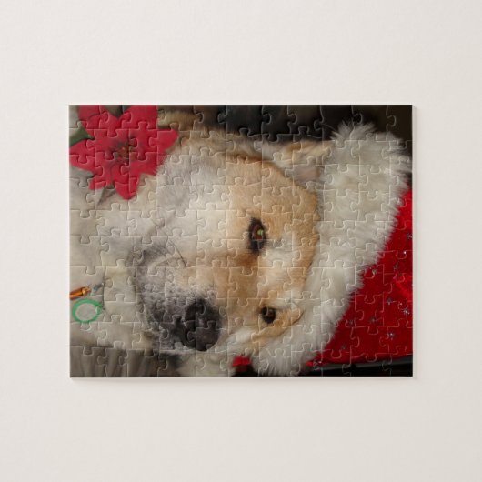 秋田かわいい犬の赤いサンタの帽子のpointsettiaのクリスマス ジグソーパズル (横)