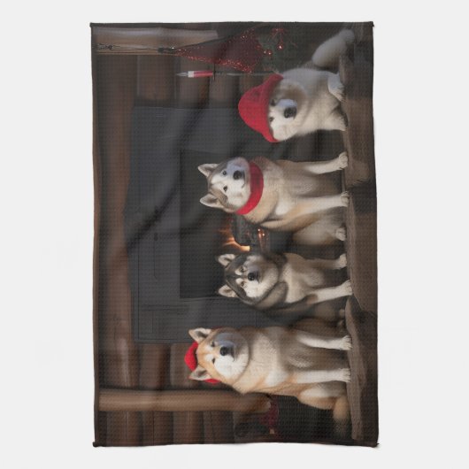 秋田の暖炉クリスマス キッチンタオル (縦)