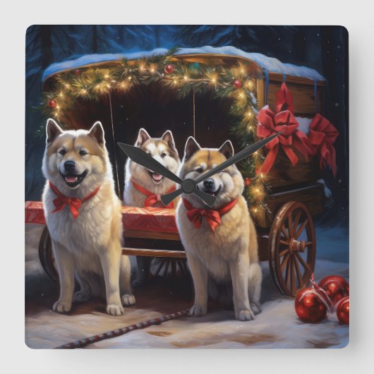 秋田スノイそりクリスマスデコール スクエア壁時計 (正面)