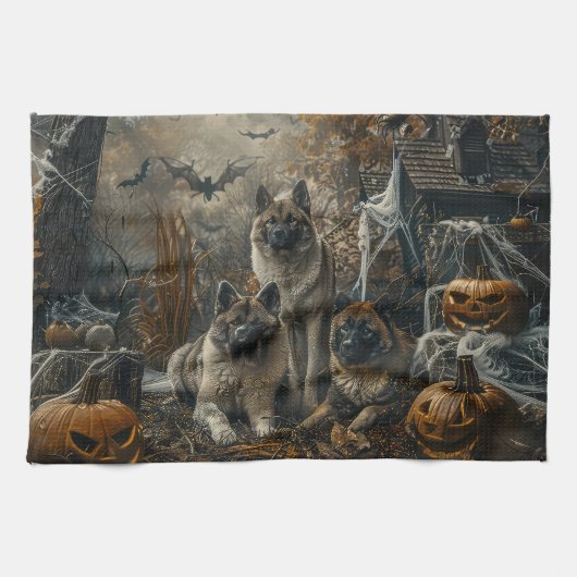 秋田ハロウィーンの夜の犬の大喜び キッチンタオル (横)