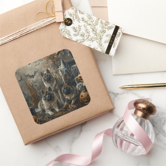 秋田ハロウィーンの夜の犬の大喜び スクエアシール (ギフト)