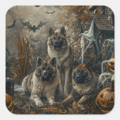 秋田ハロウィーンの夜の犬の大喜び スクエアシール (正面)