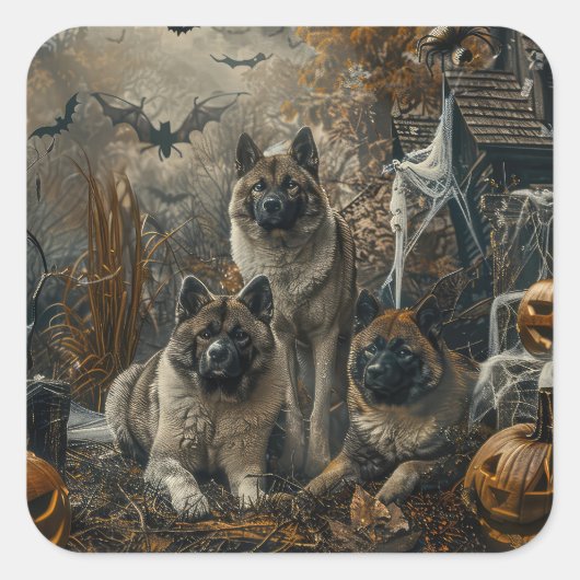秋田ハロウィーンの夜の犬の大喜び スクエアシール (正面)