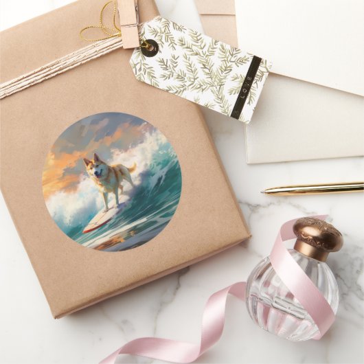 秋田ビーチサーフィン絵を描ズ ラウンドシール (ギフト)