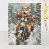 秋田犬がオートバイクリスマスにライディング カード (黄色い花)