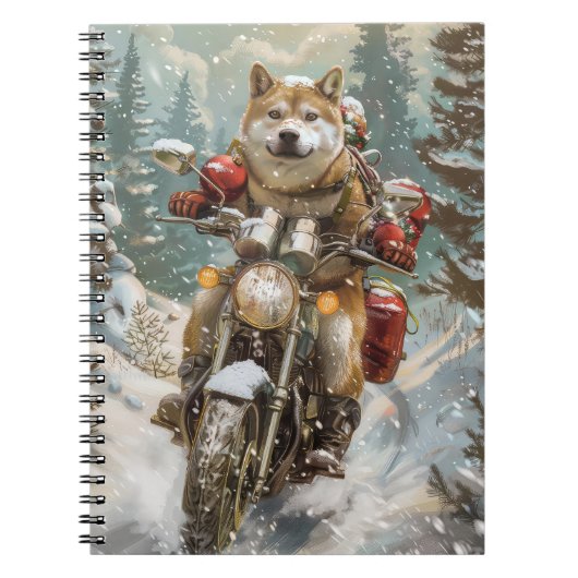 秋田犬がオートバイクリスマスにライディング ノートブック (正面)