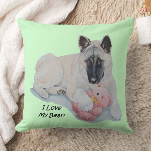 秋田犬が赤ちゃんピンクのテディベアのペットポートレート クッション (ブランケット)