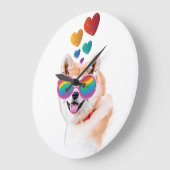 秋田犬とハートバレンタインデー ラージ壁時計 (傾斜)