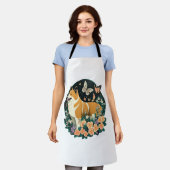 秋田犬と花蝶Tシャツ エプロン (着用した状態)