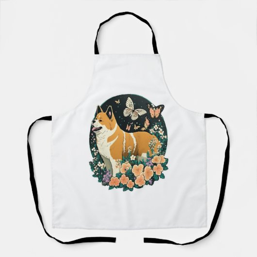 秋田犬と花蝶Tシャツ エプロン (正面)