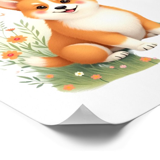 秋田犬と花蝶Tシャツ ポスター (角)