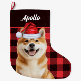 秋田犬のかわいい名前入りレッド・バッファロー・チェック ラージクリスマスストッキング