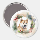 秋田犬のクリスマスリースの可愛い犬 マグネット (正面/裏面)