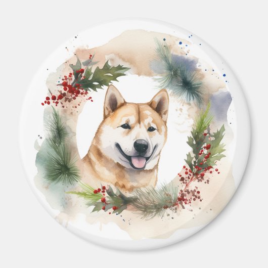 秋田犬のクリスマスリースの可愛い犬 マグネット (正面)
