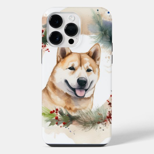 秋田犬のクリスマスリースの可愛い犬 iPhoneケース (裏面)