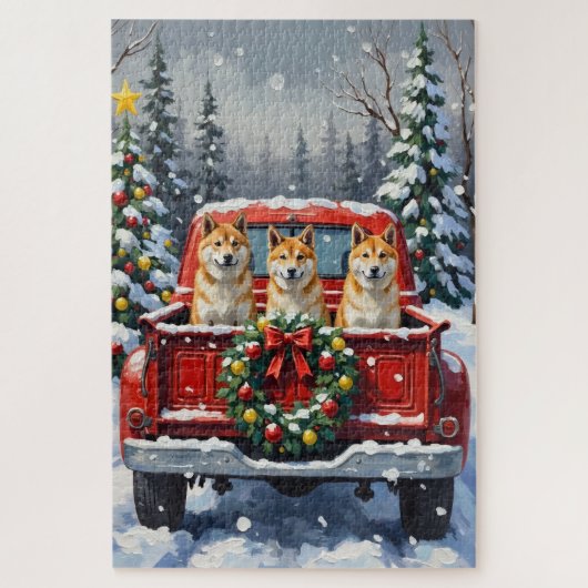 秋田犬のクリスマス 赤いトラック ホリデー ジグソーパズル (縦)