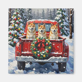 秋田犬のクリスマス 赤いトラック ホリデー マグネット (正面)