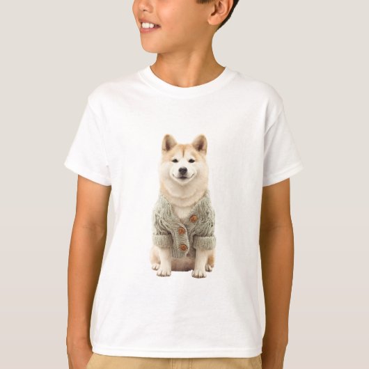 秋田犬のグリーンセーターキッズ Tシャツ (正面)