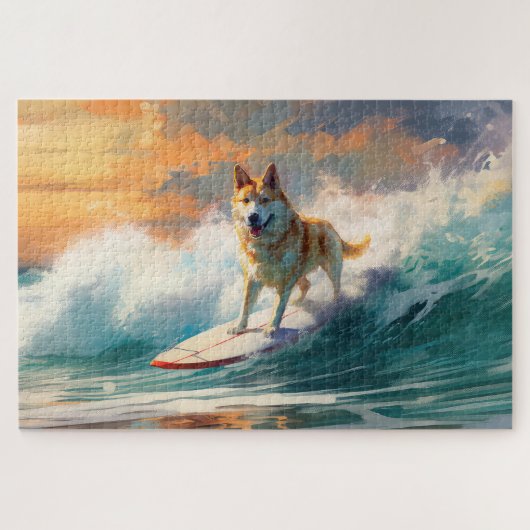 秋田犬のサーフィンの絵 ジグソーパズル (横)