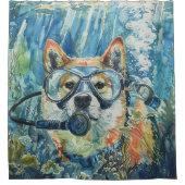 秋田犬のスキューバダイビング水中 シャワーカーテン (正面)