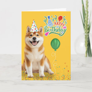 秋田犬のパーティーハットオンイエロー誕生日 カード