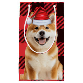 秋田犬のホリデー・レッド・バファロー・チェック柄クリスマス スモールペーパーバッグ