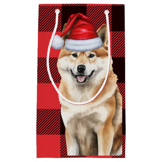秋田犬の休日レッドバッファロープレイドクリスマス スモールペーパーバッグ (正面)