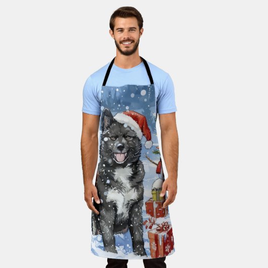 秋田犬の冬の不思議の国クリスマスジョイ エプロン (着用した状態)