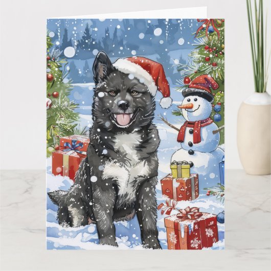 秋田犬の冬の不思議の国クリスマスジョイ カード (正面)