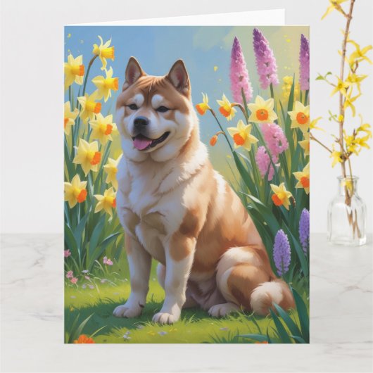 秋田犬の春の花の絵 カード (黄色い花)